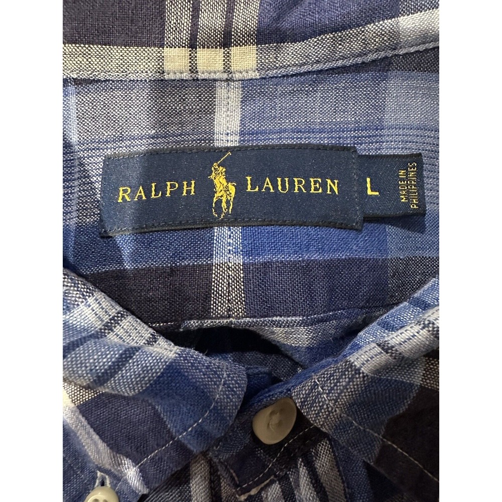 Ralph Lauren Mens Shirt 100% Linen Blue Plaid Button Down L